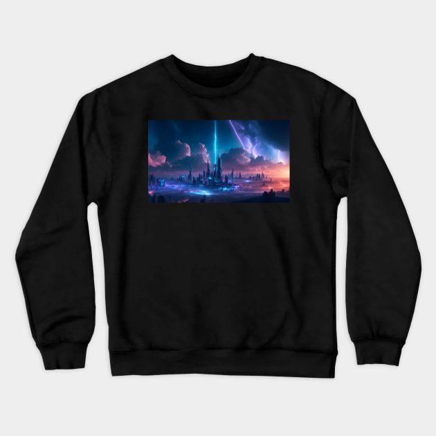 Futuristic city with beautiful sky landscape Crewneck Sweatshirt by WODEXZ